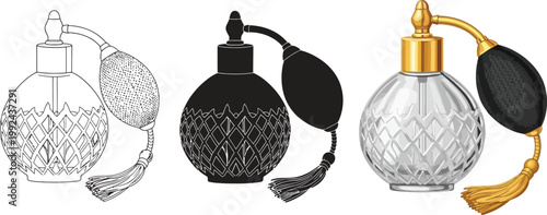 Vintage perfume bottle collection classic atomizer spray with tassel elegant cosmetic accessory for beauty and fragrance isolated on white
