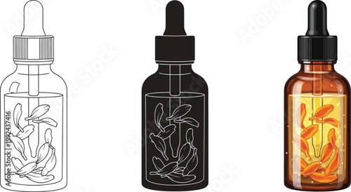 Set of three dropper bottles with botanical extract including line art silhouette and colored illustration for cosmetic or wellness products