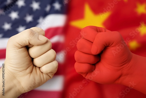 Fists of the United States and China Face Each Other Against Flags at a Significant Moment in Time