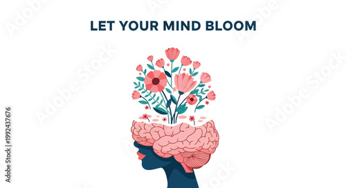 Brain with flowers, mind blooming, creative thinking, mental health