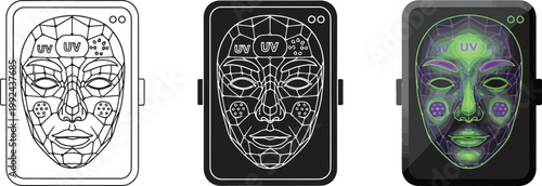 Three face scan devices showing UV light analysis digital skin health check vector illustration for technology and beauty