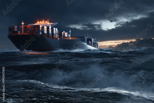 Large Cargo Ship Navigates Rough Seas During Dusk Near a Coastal Area