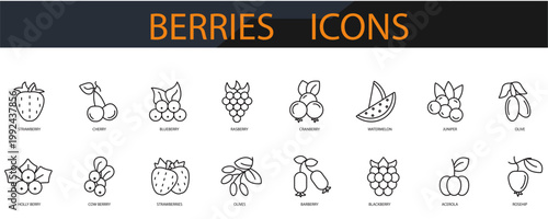 berries mountain icons set minimalist flat style design, berries  mountain Vector set illustration  on white background