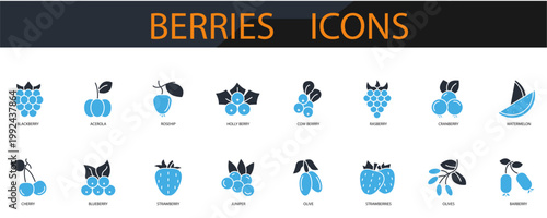 berries mountain icons set minimalist flat style design, berries  mountain Vector set illustration  on white background