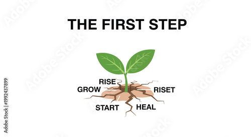 Growth, motivation, inspirational symbol, sprouting plant with roots, THE FIRST STEP