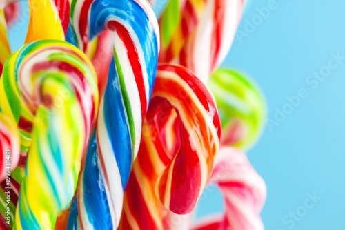 Colorful Candy Canes Arranged in a Group With Bright Colors Against a Blue Background