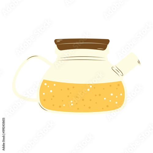 Glass Teapot with Golden Herbal Tea and Wooden Lid — Flat Vector Illustration on White Background