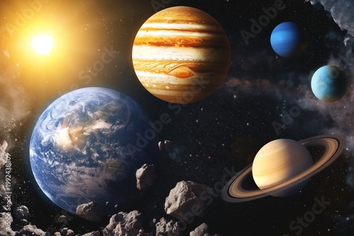 Planetary Arrangement in Outer Space With Sun Shining on Earth and Other Planets Visible