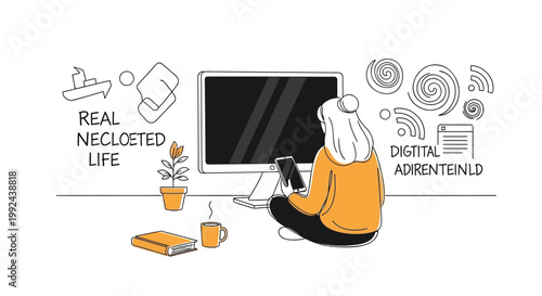 Remote worker, digital nomad, online lifestyle, illustration, vector graphics, modern workspace