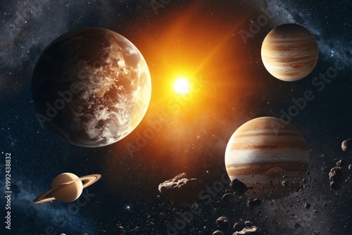 Planetary Arrangement in Outer Space With Sun Shining on Earth and Other Planets Visible