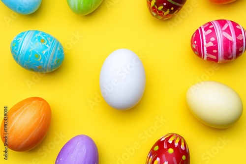Colorful Eggs Arranged on a Bright Yellow Background for Spring Celebration or Holiday Event