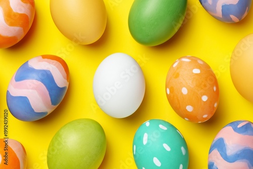Colorful Eggs Arranged on a Bright Yellow Background for Spring Celebration or Holiday Event