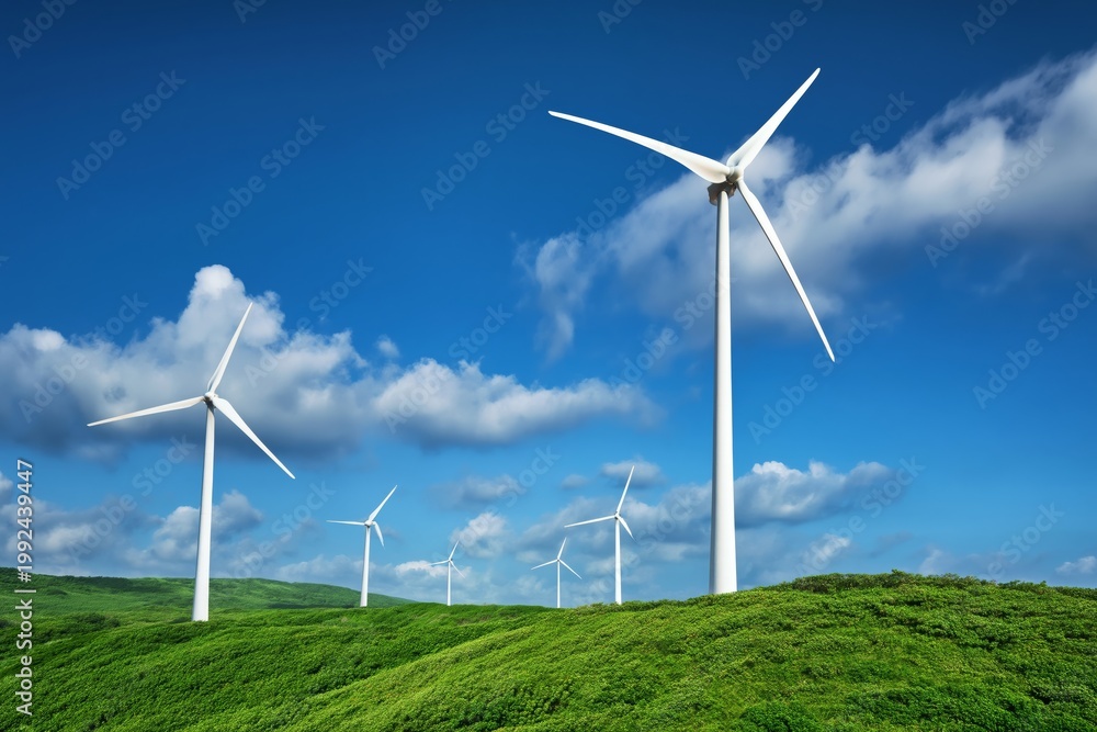Fototapeta premium Wind Turbines Spin on a Green Hill Under a Blue Sky With Clouds During the Day