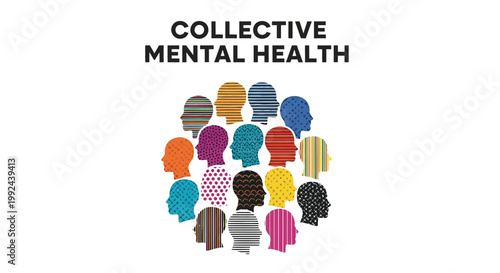 Mental health awareness, collective support, diverse people icons, colorful silhouettes, psychology symbols