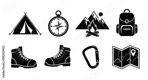 Black and white icons depicting camping hiking and outdoor adventure equipment