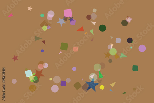 A scattered collection of various colorful translucent geometric shapes and stars floating across a muted brown background creating a playful abstract pattern