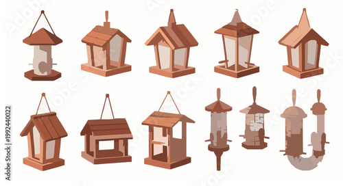 Wooden Bird Feeder Vector Set Garden Wildlife Outdoor Hanging Feeder Collection