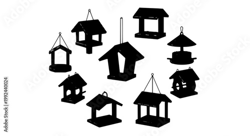 Wooden Bird Feeder Vector Illustration Set Garden Wildlife Outdoor Collection