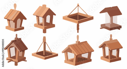 Bird Feeder Collection Wooden Garden Wildlife Outdoor Vector Illustration Set