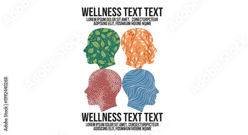 Wellness, mental health, profile icons, colorful heads, vector graphics