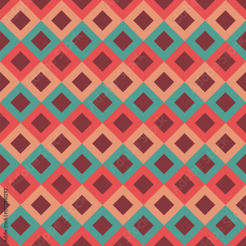 Seamless pattern created from rows of small brown diamonds in green, pale terracotta and orange diamonds