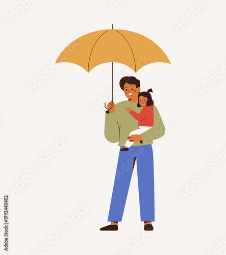 happy young man holding on hands small girl and protectives her by yellow big umbrella. Family support and care concept. vector illustration