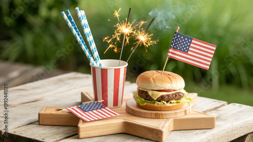 Patriotic Summer BBQ Scene with Cheeseburger Wooden Star Board and Sparklers Outdoors