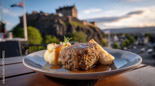 Haggis, neeps, and tatties with an Edinburgh Castle view