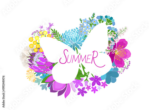 Butterfly and flower. Summer abstraction Hand drawn. Not AI, vector illustration.