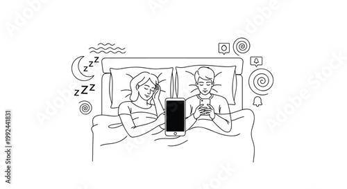 Couple in bed, sleeping, insomnia, man awake with phone, line art illustration, black and white