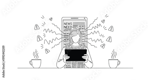 News, social media, and notifications concept, overwhelmed person with smartphone and laptop, coffee cups