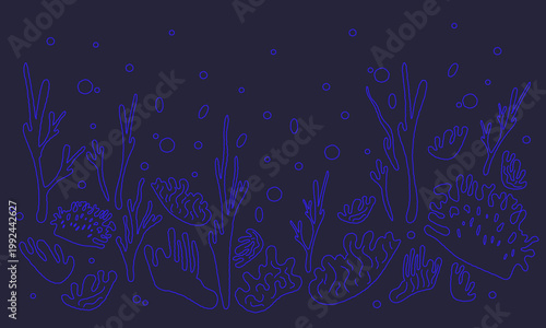 Hand drawn coral reef set, underwater marine plants and seaweed, ocean flora line art, tropical aquarium decoration elements, dark outline in vintage line art style vector illustration.