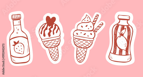 Hand-drawn vector sticker set of lemonade, strawberry soda and ice cream in waffle cones isolated on pink background. Sketch illustration of drink bottles and dessert for logo, web banner, advert.