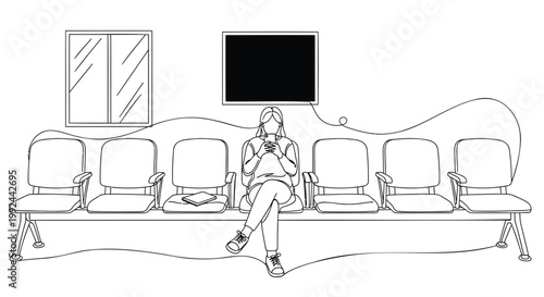 Waiting Room, Airport Lounge, Travel Illustration, Vector Line Art
