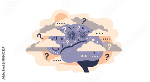 Confused mind, brain with question marks, thought process, mental health, flat design