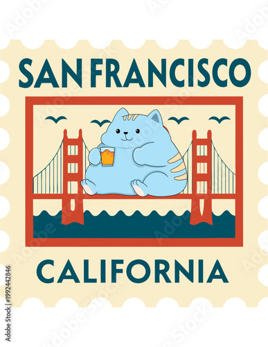 San Francisco Postage Stamp SVG PNG, Printable Stamp Design, Golden Gate Cat Stamp, Travel Stamp Clipart, Instant Download, for souvenirs
