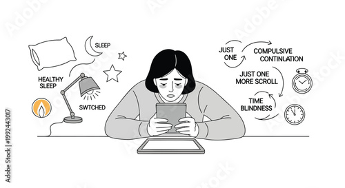 Social media addiction, woman on laptop, mental health issues, compulsive behavior, digital stress