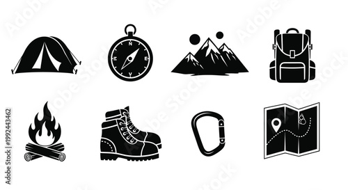 Black and white icons depicting camping and outdoor adventure equipment