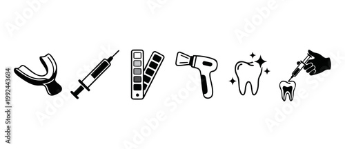 Dental Icon Set for Stomatology and Oral Care Treatment Procedures, Including Tooth Whitening, Injection, Impression Tray and Dental Curing Light for Professional Clinic Medical Illustrations and Web