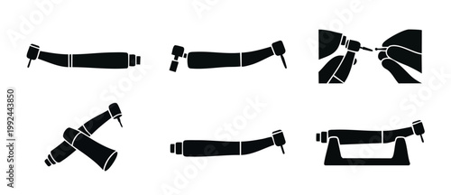 Dental Handpiece Icon Set, Professional Dentistry Drill Tools for Tooth Surgery, Isolated Black Vector Symbols on White Background for Medical Clinic Branding and Oral Healthcare Graphic Design Projec