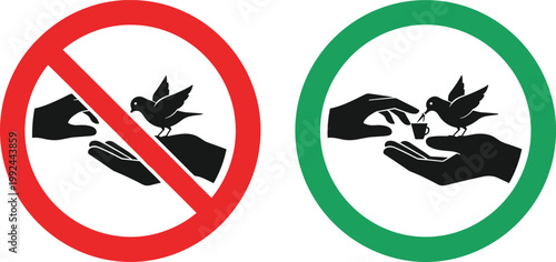 Do not feed birds and allowed feeding sign set, prohibition and permission symbols with hands and bird silhouette, wildlife protection vector illustration icons collection