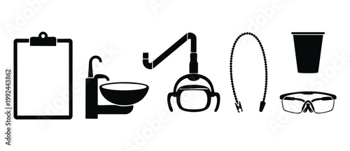 Dental Clinic Equipment Icons Set: Clipboard, Sink, Exam Light, Bib Clip, Cup and Safety Glasses for Professional Dentistry, Oral Health Care, and Medical Office Design Elements in Black Vector Style