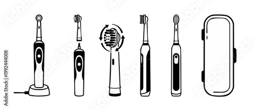 Electric toothbrush icon set for dental health care and oral hygiene tools, showing device components, rotating brush head, charging base and travel case for modern bathroom routine and teeth cleaning