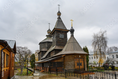 Exploring the unique architecture of Murom's historic wooden church in autumn