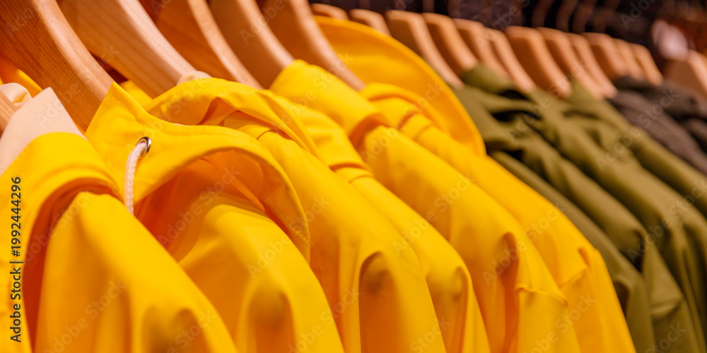Obraz premium Unique jackets hang on display in a retail store with wooden hangers during a busy shopping day in autumn
