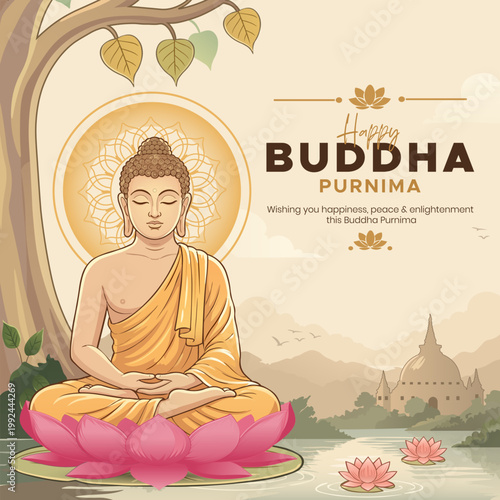 Buddha Purnima Celebration Vector Art with Lotus, Temple and Calm Background