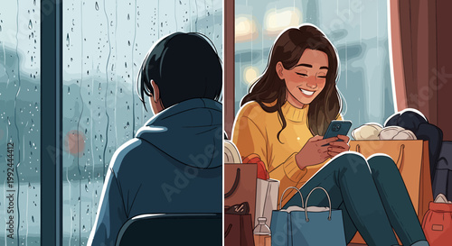 Happy couple monsoon sale online shopping concept for ecommerce promotion