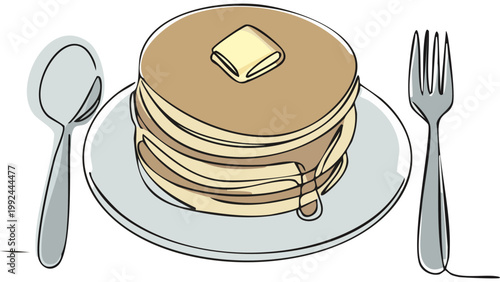 Stack of pancakes served on plate with butter and syrup beside fork and knife in breakfast meal illustration vector