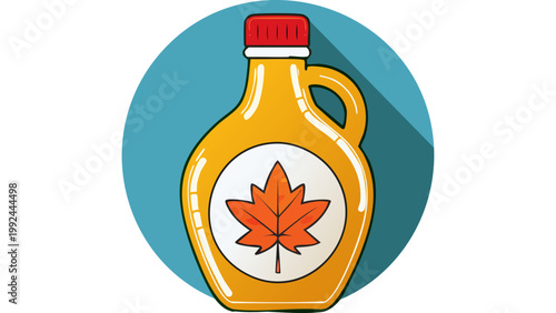Maple syrup bottle with maple leaf label representing sweet condiment in stylized illustration vector
