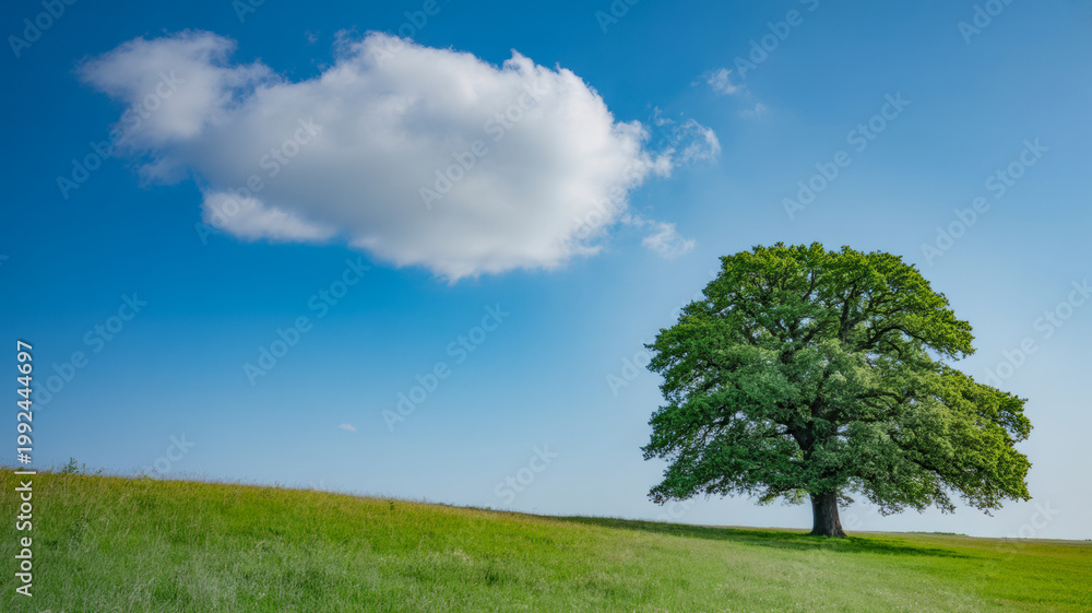 Obraz premium A large green tree stands alone on a grassy hill under a clear blue sky with a single white cloud